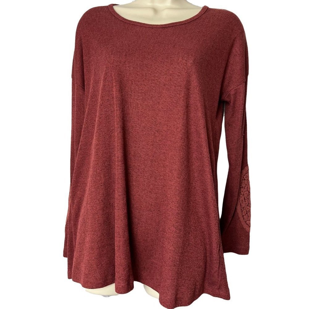 SIMPLY Noelle  Burnt Red Lace back long sleeve elbow patch boho TOP WOMENS 8-10